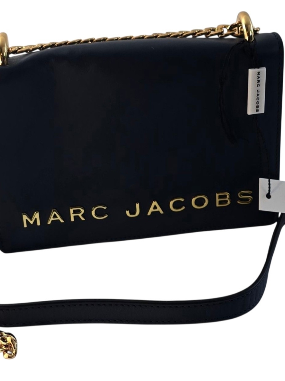 Marc Jacobs Black Leather Crossbody with Gold Chain and Blue Strap Accent